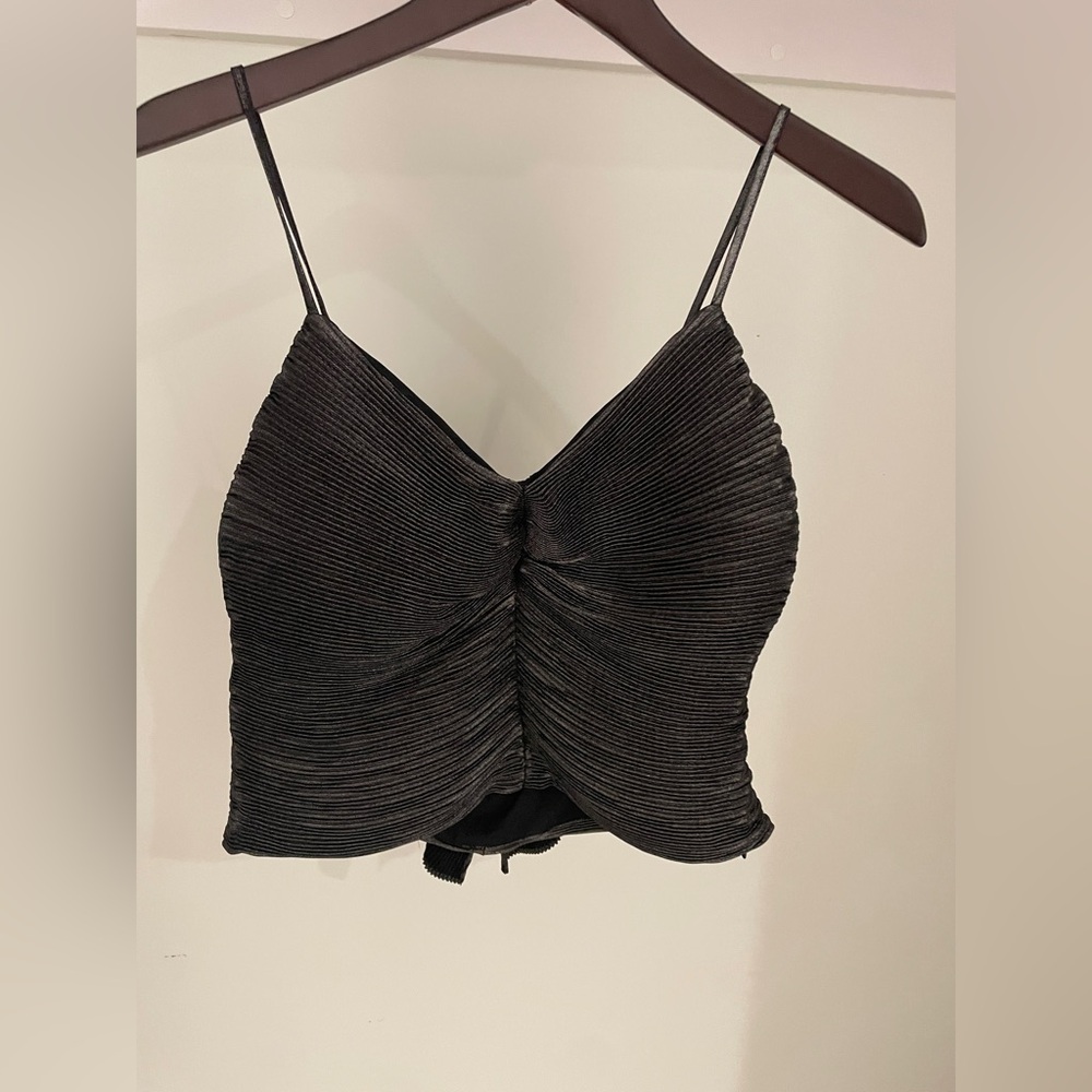 Ruched Textured Spaghetti Strap Top w/ Back Bow Accent